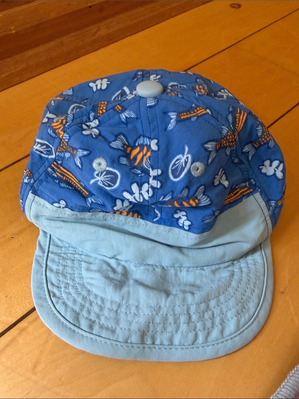 Patagonia Blue Kids Fish-Print Sun Cap with Orange Accents